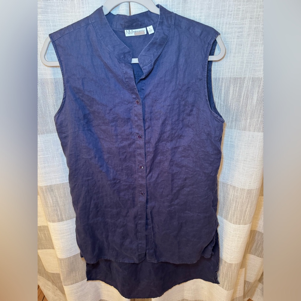 Neiman Marcus 100% linen sleeveless tunic top in navy blue - Picture 2 of 7